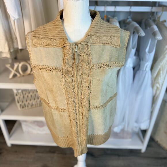 Designer Studio Originals Women's Size L Leather Front Tan Sweater Vest #3586 - Picture 1 of 8